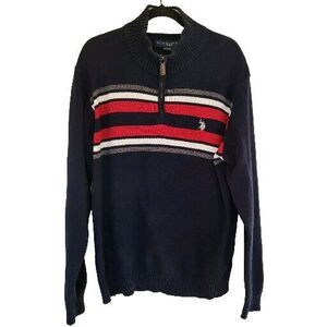 U.S. Polo Assn Sweater XL Navy Striped Long Sleeve 1/4 Zip Pullover 100% Cotton